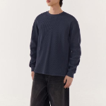 Waffle Basic Crew Neck Long Sleeve T-Shirt [Navy]