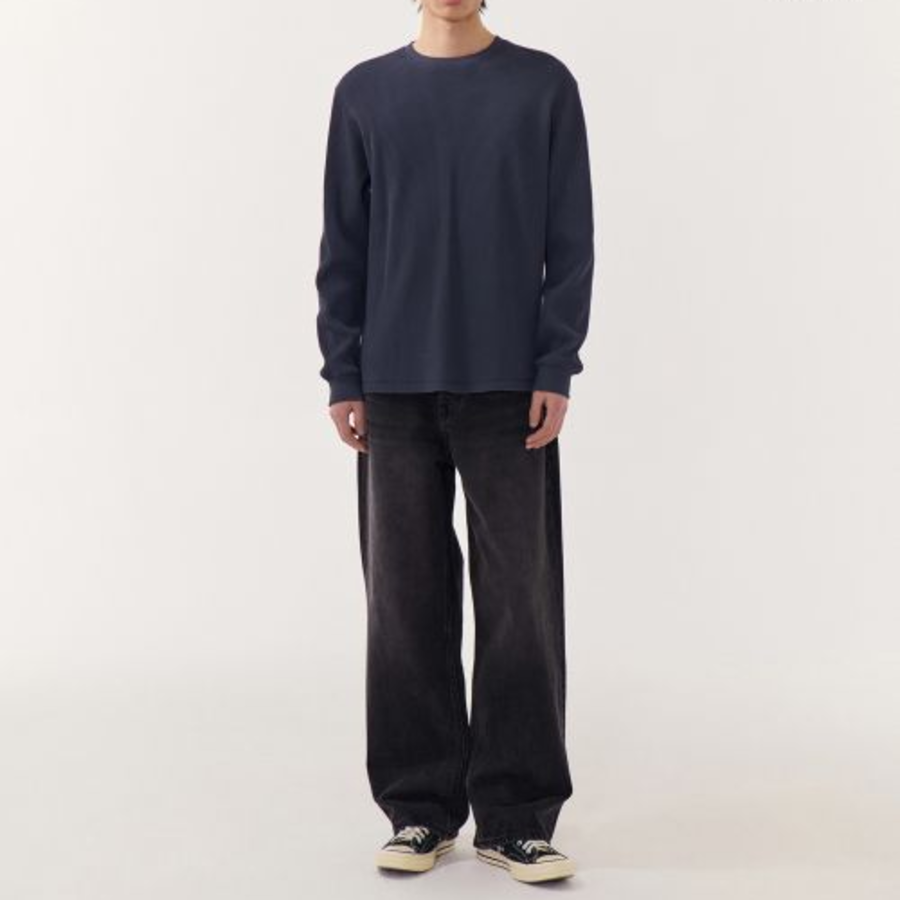Waffle Basic Crew Neck Long Sleeve T-Shirt [Navy]