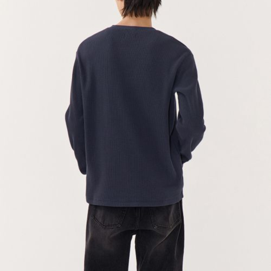 Waffle Basic Crew Neck Long Sleeve T-Shirt [Navy]