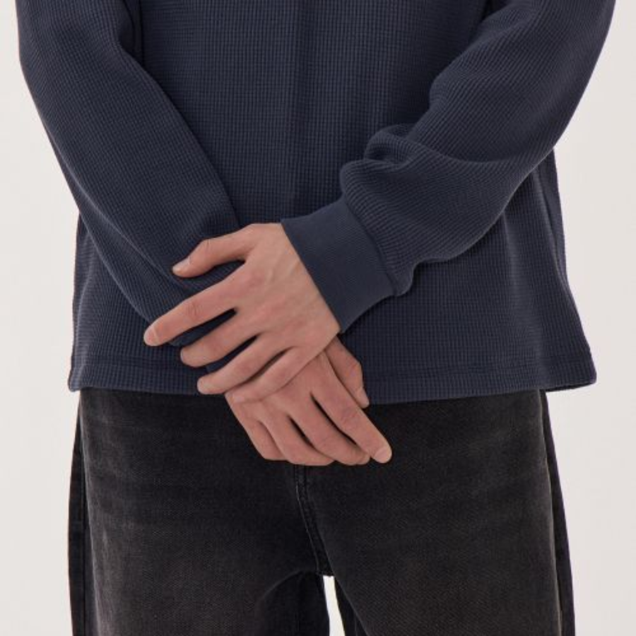 Waffle Basic Crew Neck Long Sleeve T-Shirt [Navy]