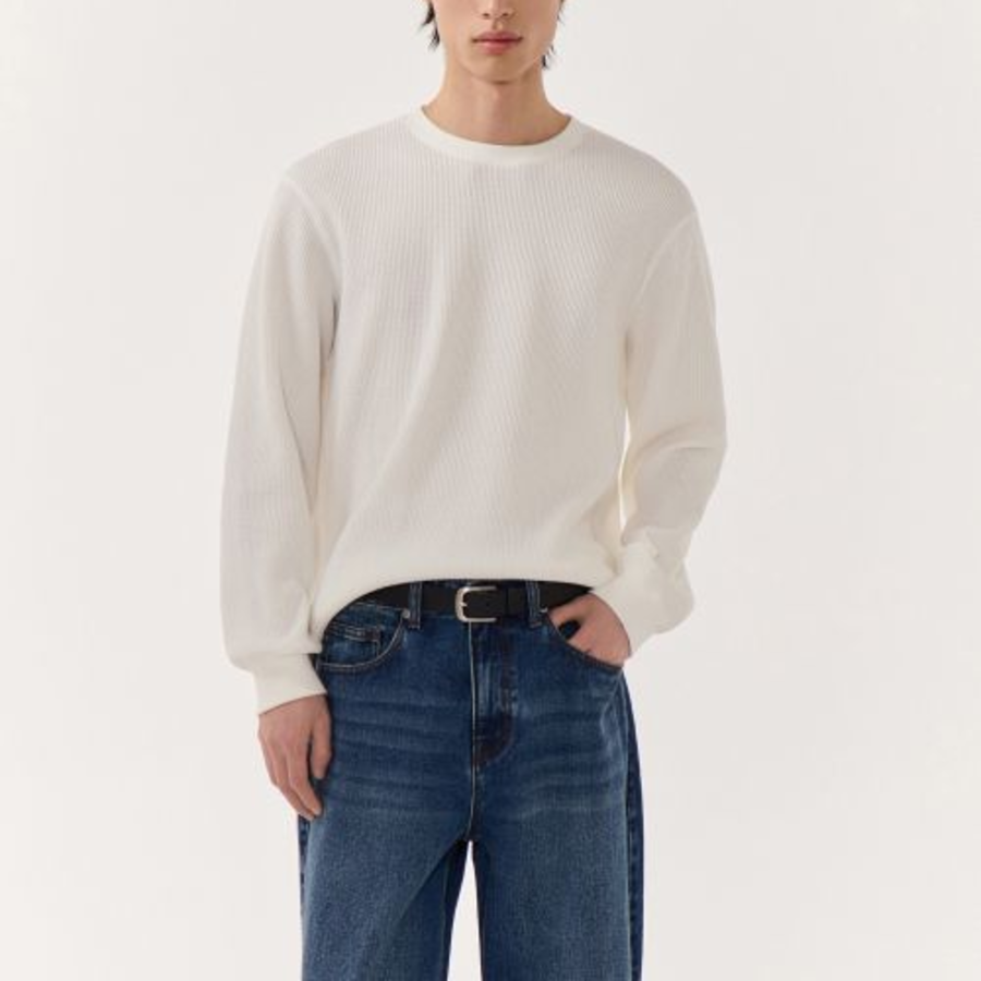 Waffle Basic Crew Neck Long Sleeve T-Shirt [Ivory]