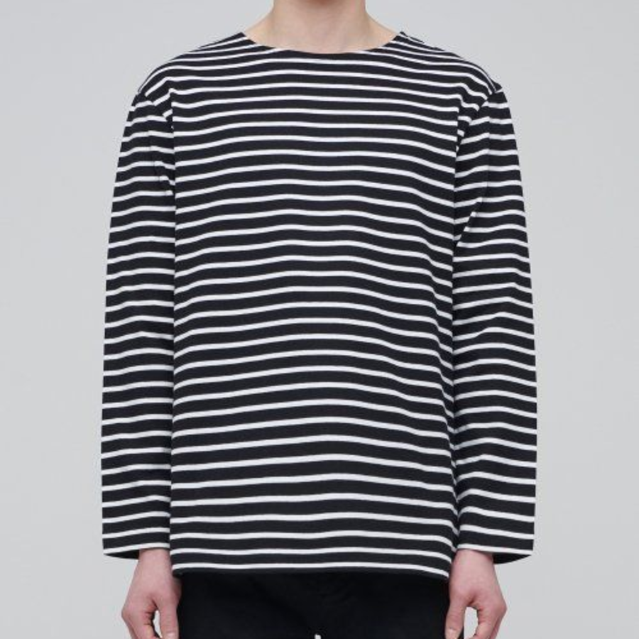 Striped Boat Neck Long Sleeve T-Shirt [Black/Ivory]