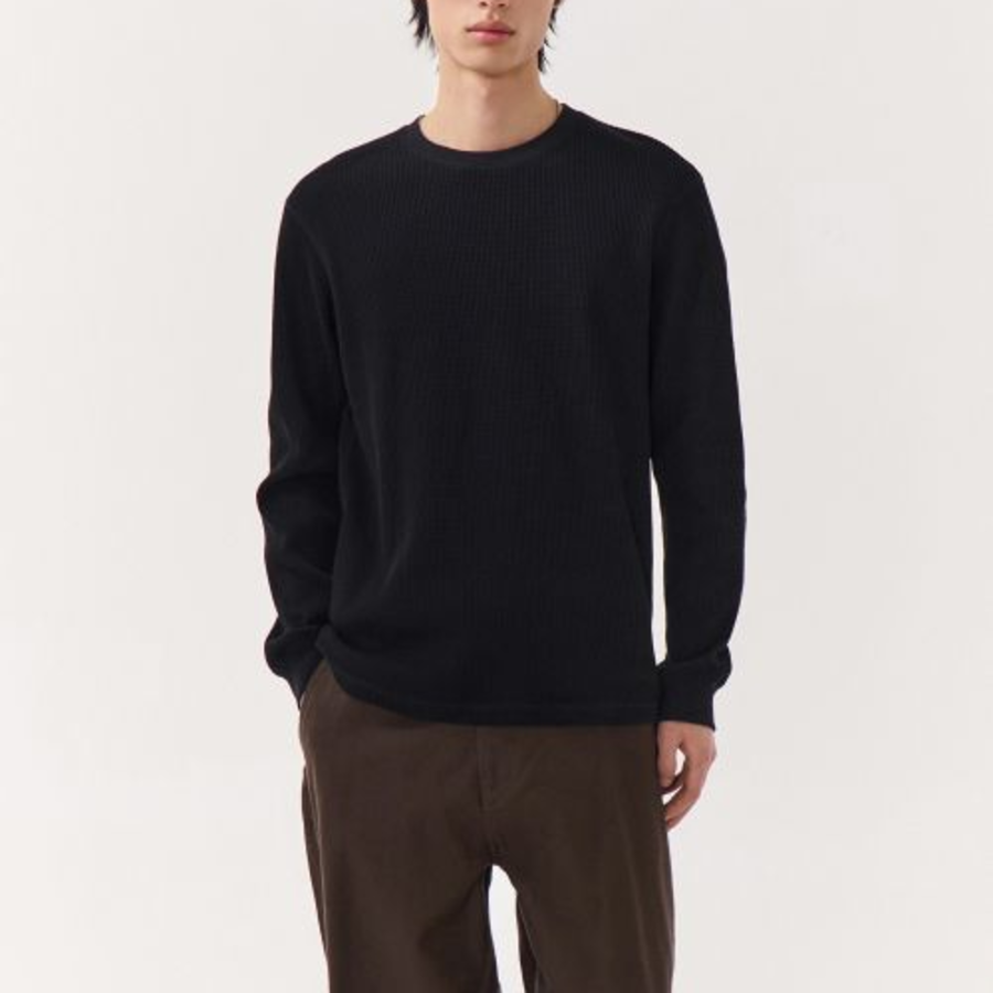 Waffle Basic Crew Neck Long Sleeve T-Shirt [Black]