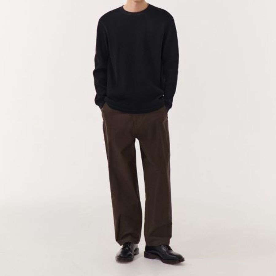 Waffle Basic Crew Neck Long Sleeve T-Shirt [Black]