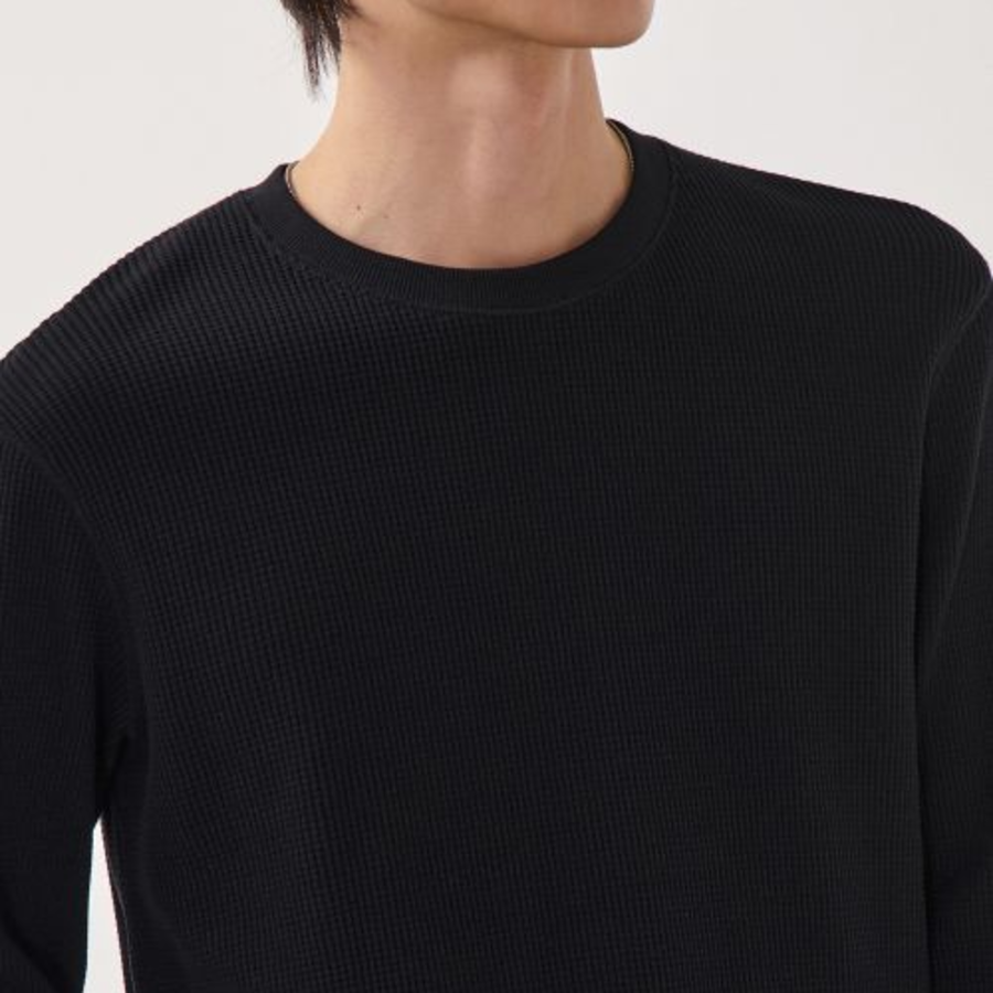 Waffle Basic Crew Neck Long Sleeve T-Shirt [Black]