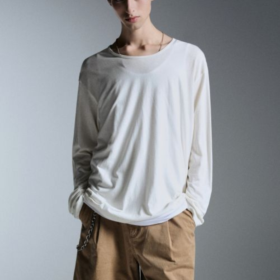 Relaxed Lightweight CR Scoop Neck Long Sleeve T-Shirt [Cream]