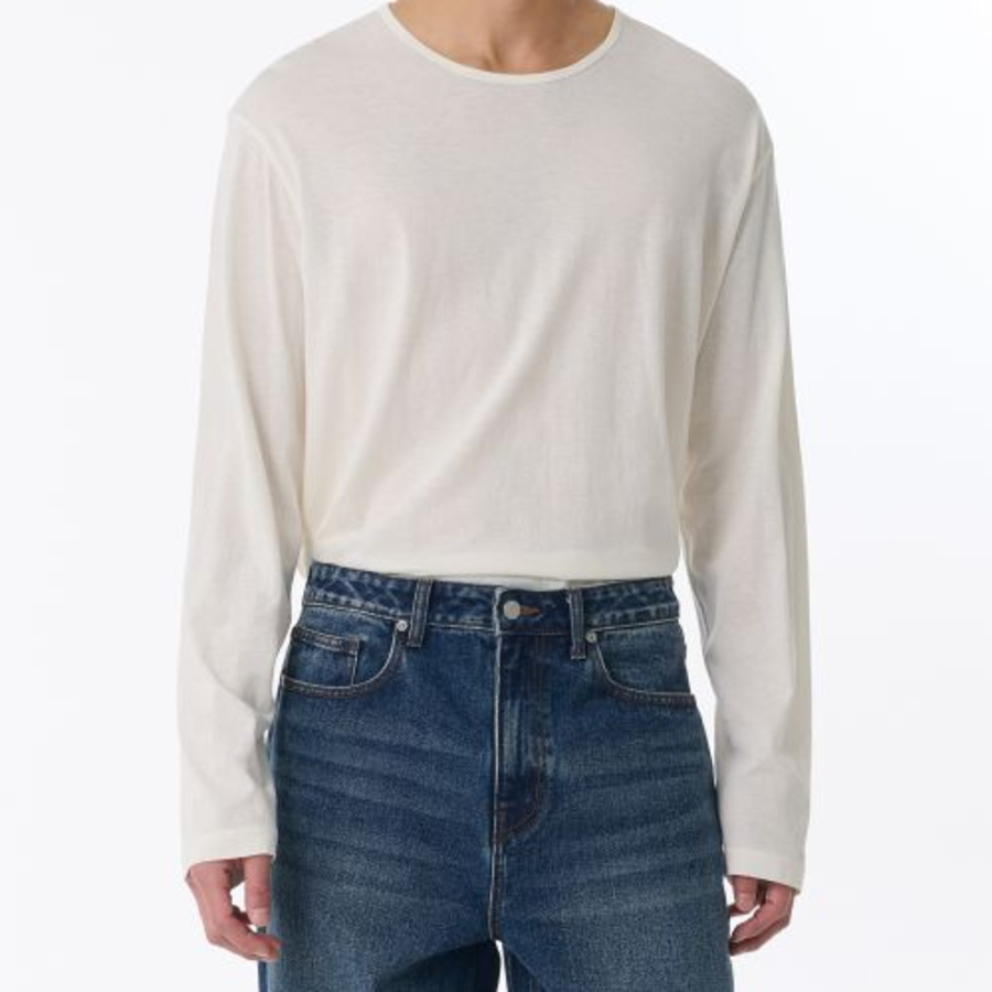 Relaxed Lightweight CR Scoop Neck Long Sleeve T-Shirt [Cream]