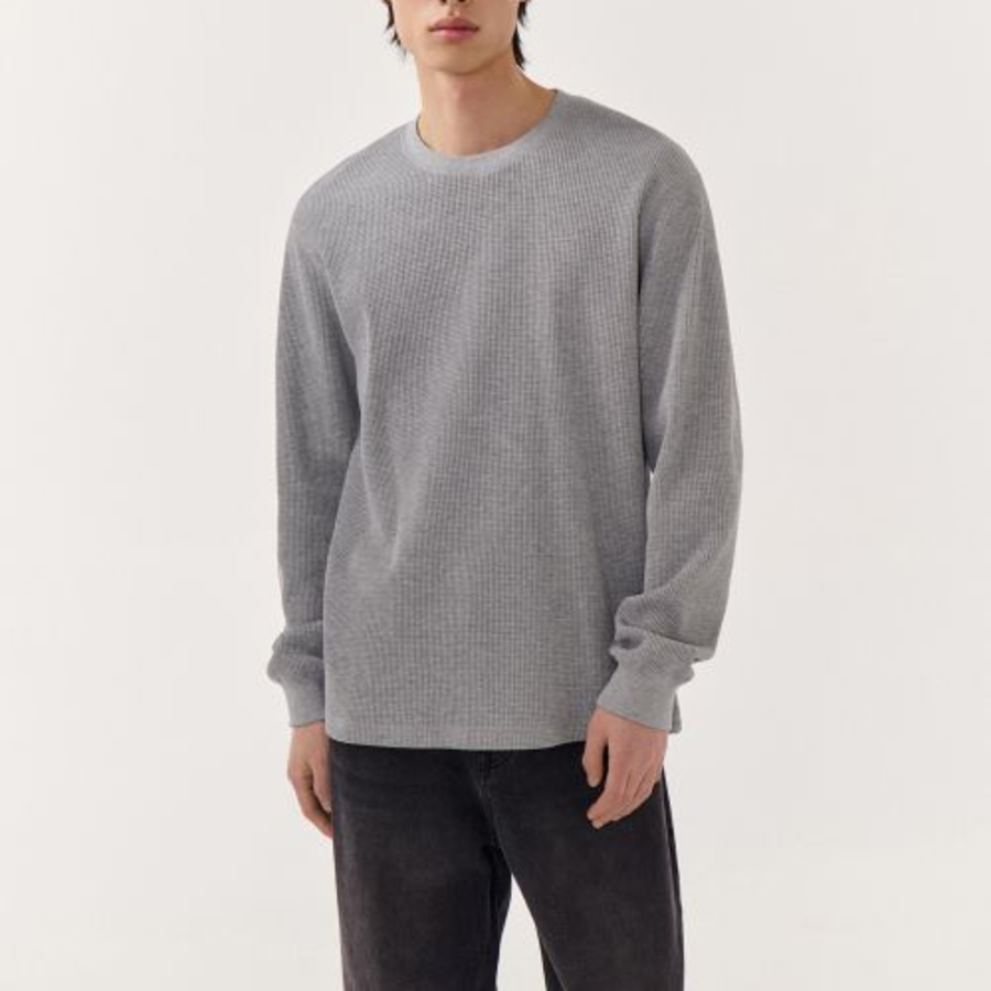 Waffle Basic Crew Neck Long Sleeve T-Shirt [Grey]