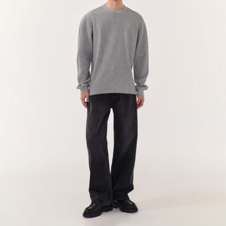 Waffle Basic Crew Neck Long Sleeve T-Shirt [Grey]