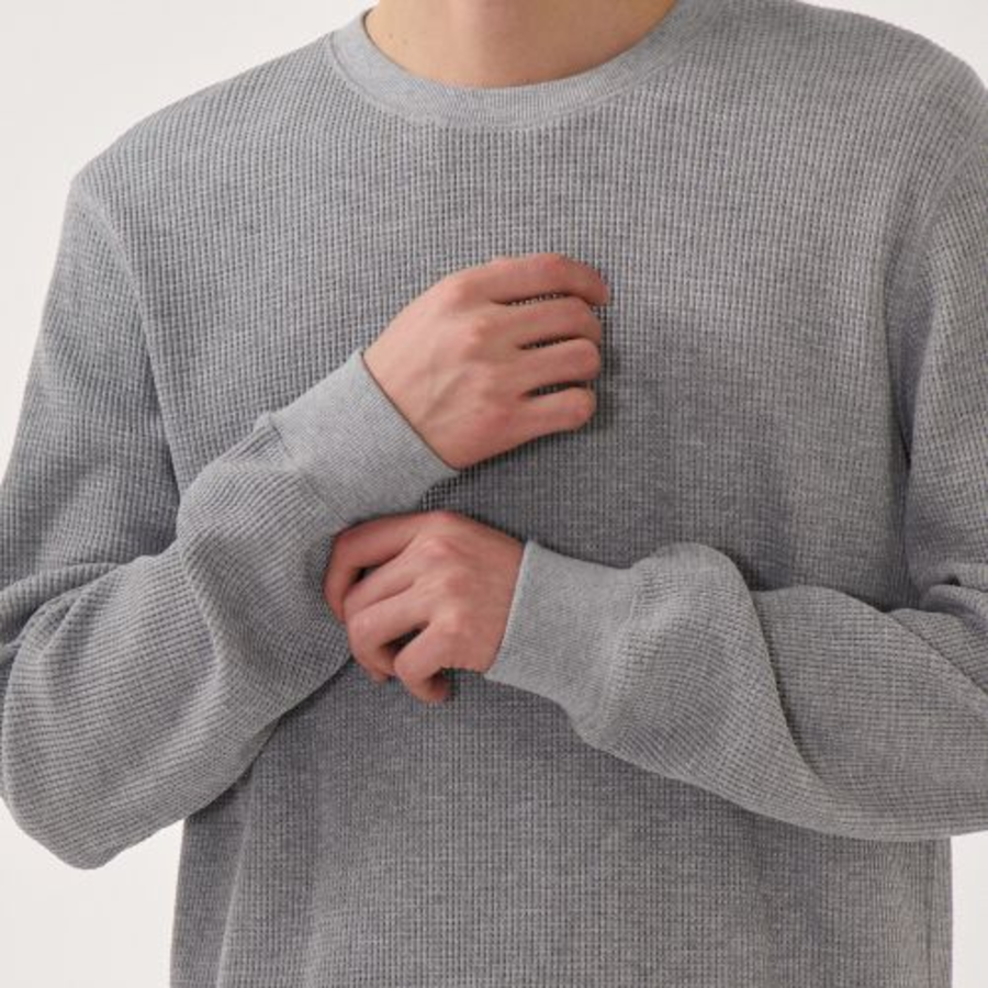 Waffle Basic Crew Neck Long Sleeve T-Shirt [Grey]