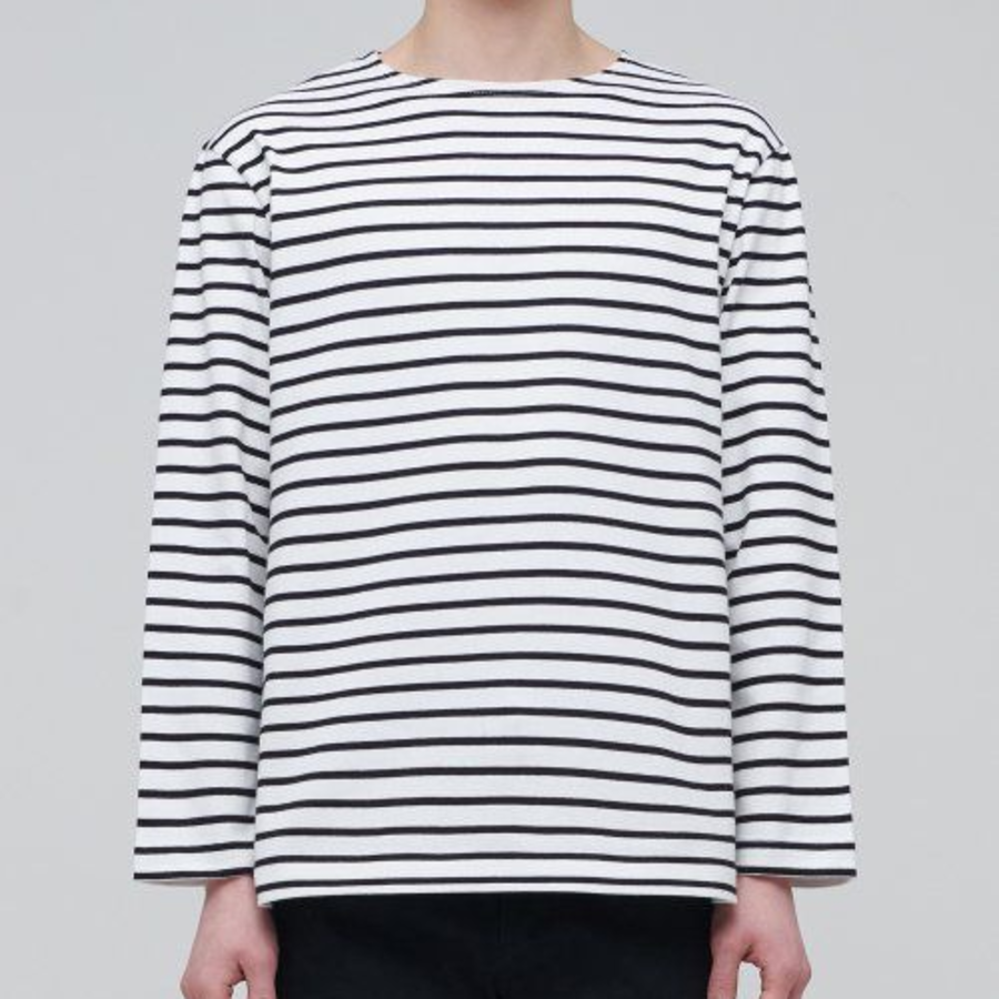 Striped Boat Neck Long Sleeve T-Shirt [Ivory/Black]
