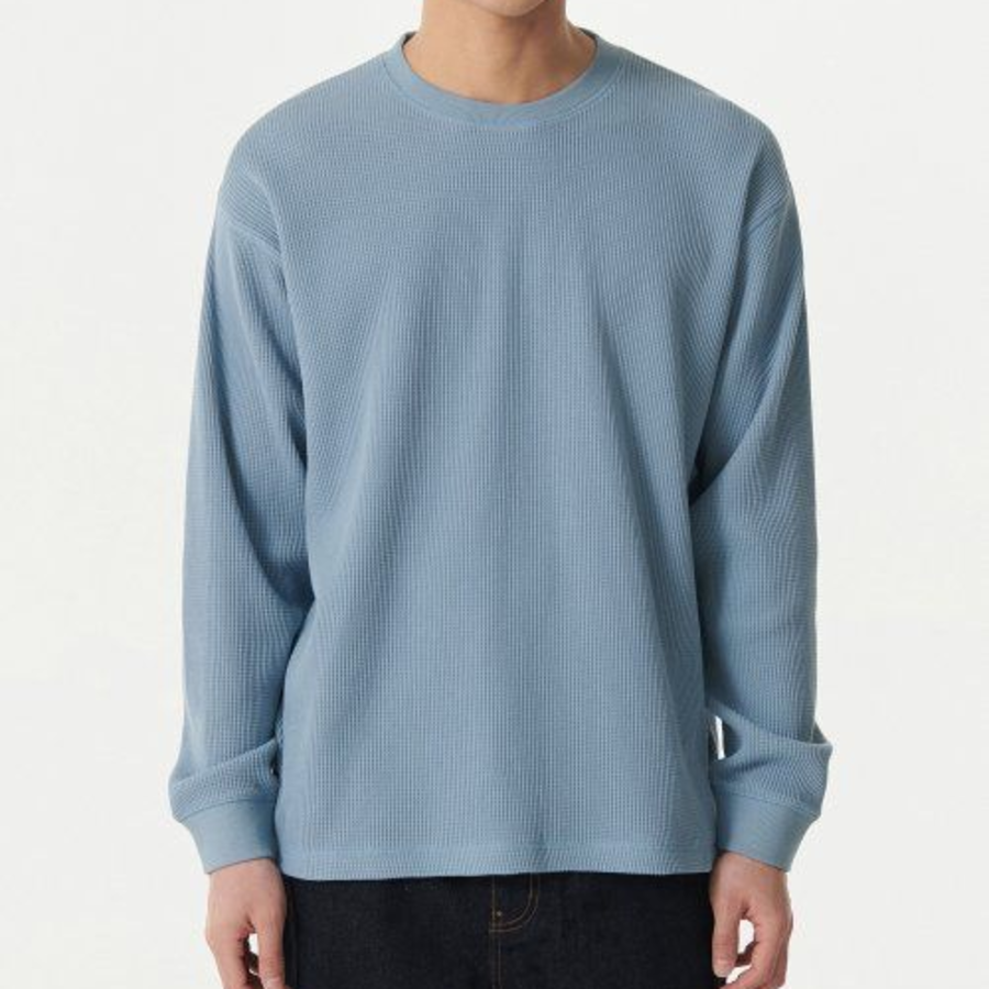 Waffle Relaxed Crew Neck Long Sleeve T-Shirt [Light Blue]