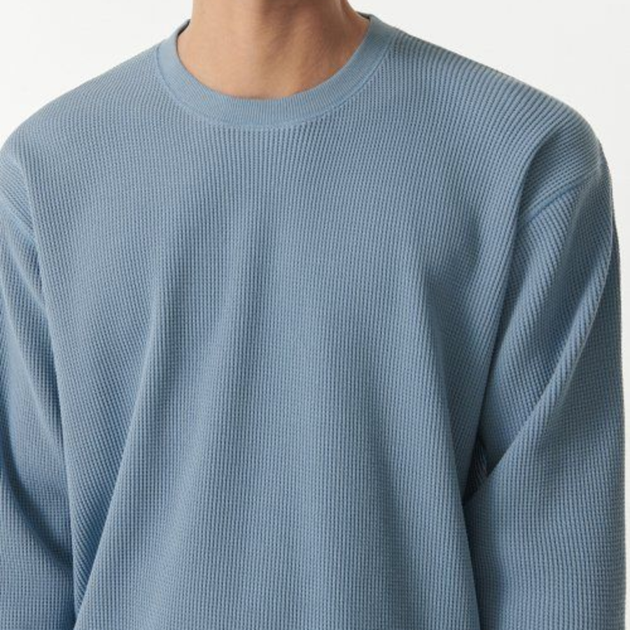 Waffle Relaxed Crew Neck Long Sleeve T-Shirt [Light Blue]