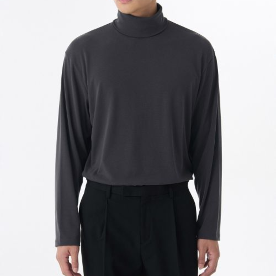 Relaxed Turtle Neck Knit Long Sleeve T-Shirt [Dark Grey]