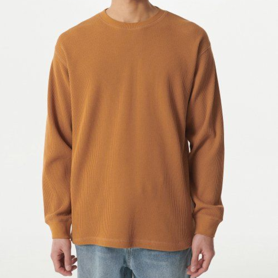 Waffle Relaxed Crew Neck Long Sleeve T-Shirt [Terracotta]