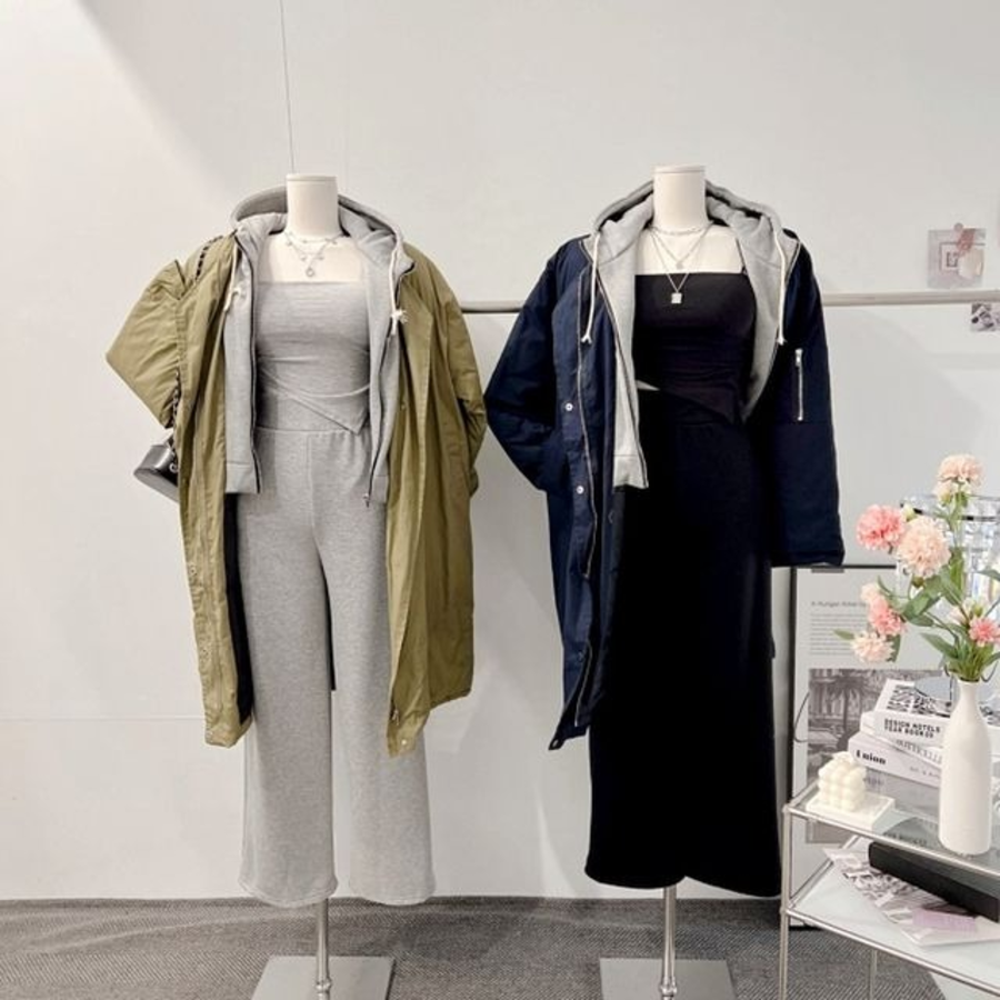 Oversized Quilted Pocket String Layered Hood Long Yasan Padding