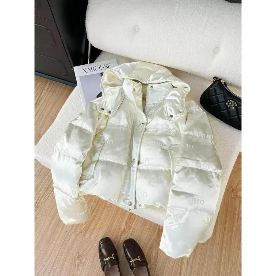 Glossy White Duck Down Hooded Puffer