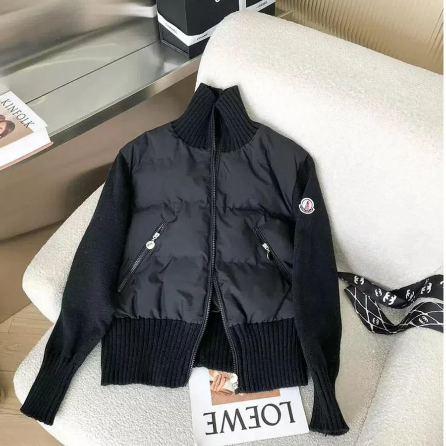 Black Knit High Collar Zip-up Puffer