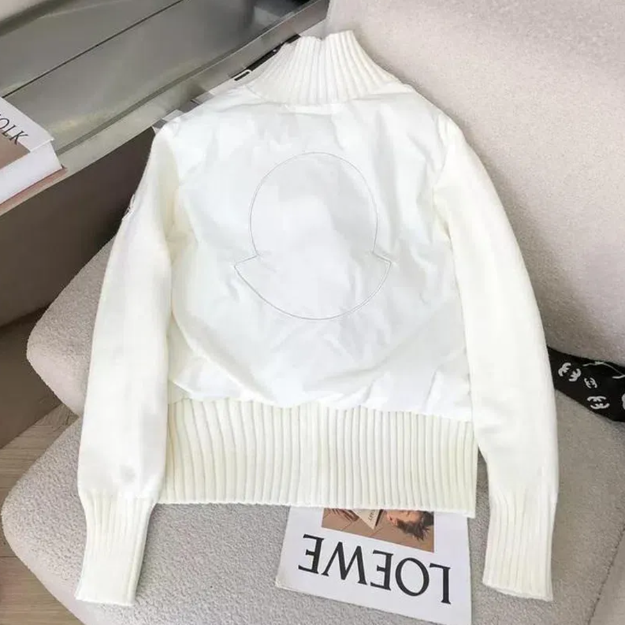 White Knit High Collar Zip-up Puffer