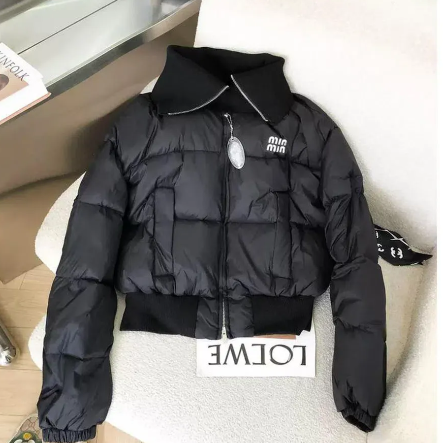 Black Down Knit Collar Velvet Cotton Puffer