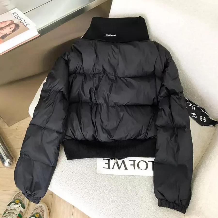 Black Down Knit Collar Velvet Cotton Puffer