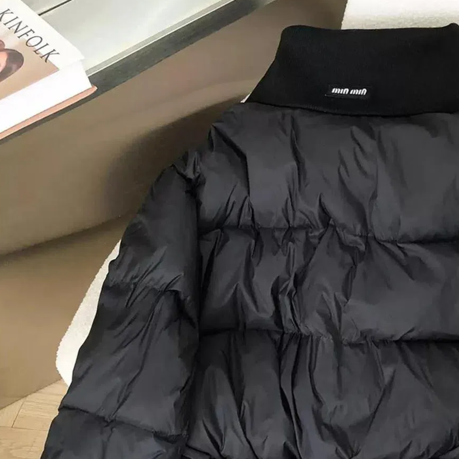 Black Down Knit Collar Velvet Cotton Puffer