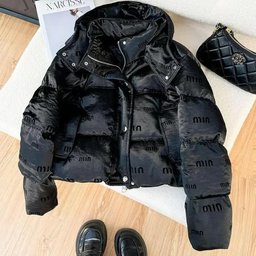 Black Suede Matte Down White Duck Hooded Puffer