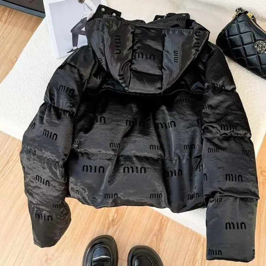 Black Suede Matte Down White Duck Hooded Puffer