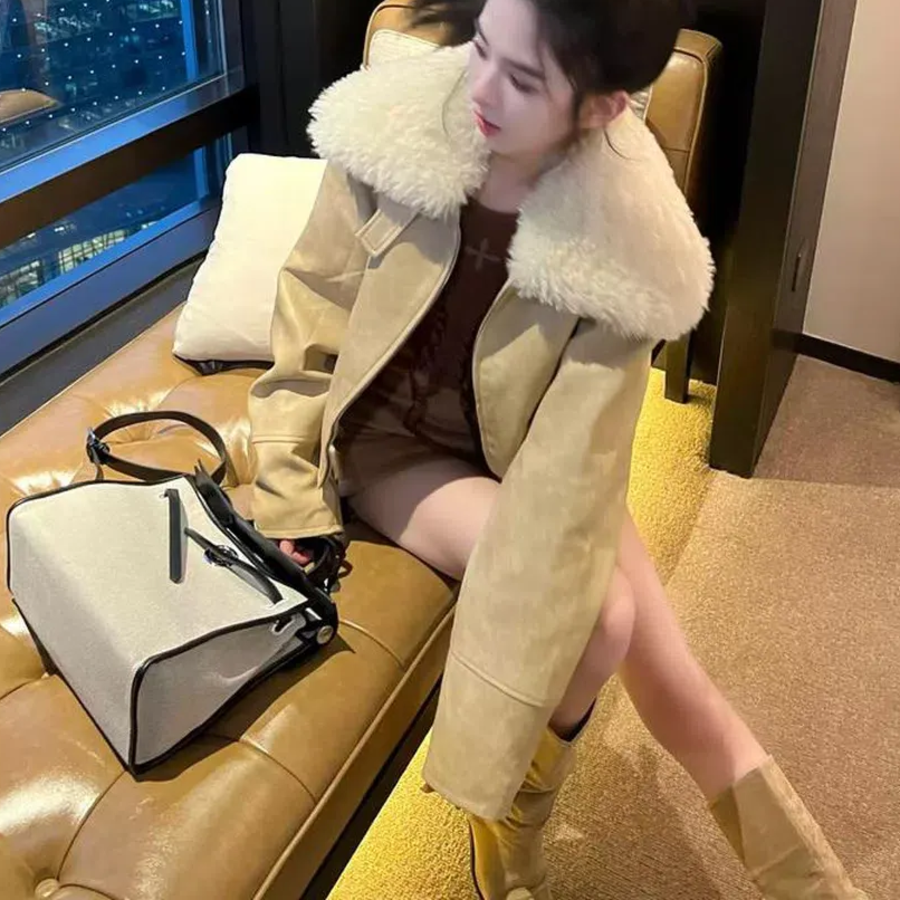 Fake Fur Collar Padded Cotton Leather Casual