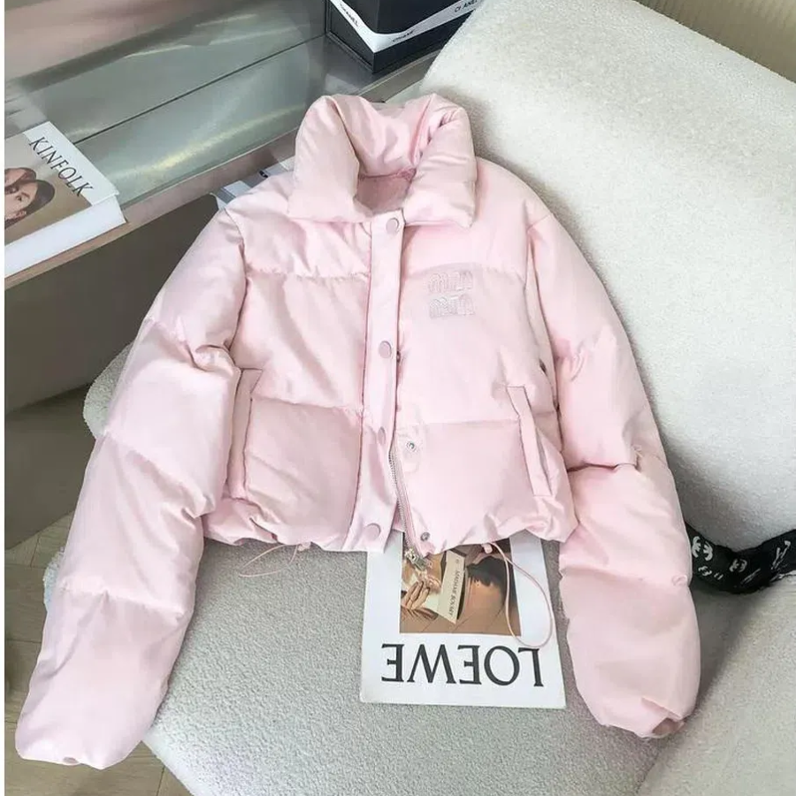 Baby Pink Duck Down Velvet Cotton Crop Puffe