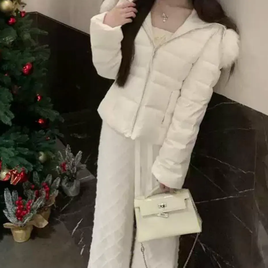 Down Cotton Eco Mink Fur Collar Slim Half Coat