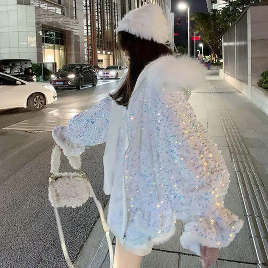 Velvet Pearl Sequin Fur Hoodie Jacket
