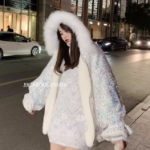 Velvet Pearl Sequin Fur Hoodie Jacket