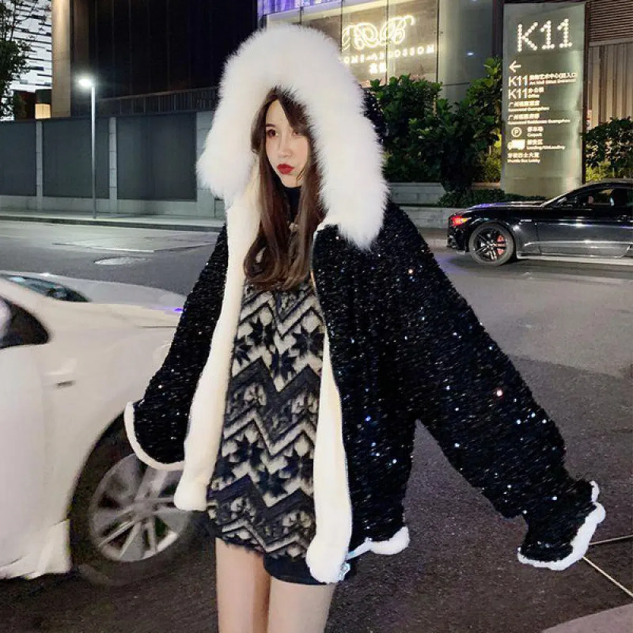 Velvet Pearl Sequin Fur Hoodie Jacket