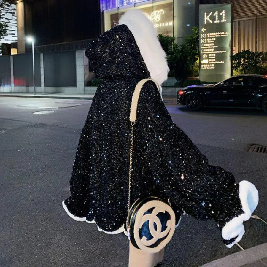Velvet Pearl Sequin Fur Hoodie Jacket