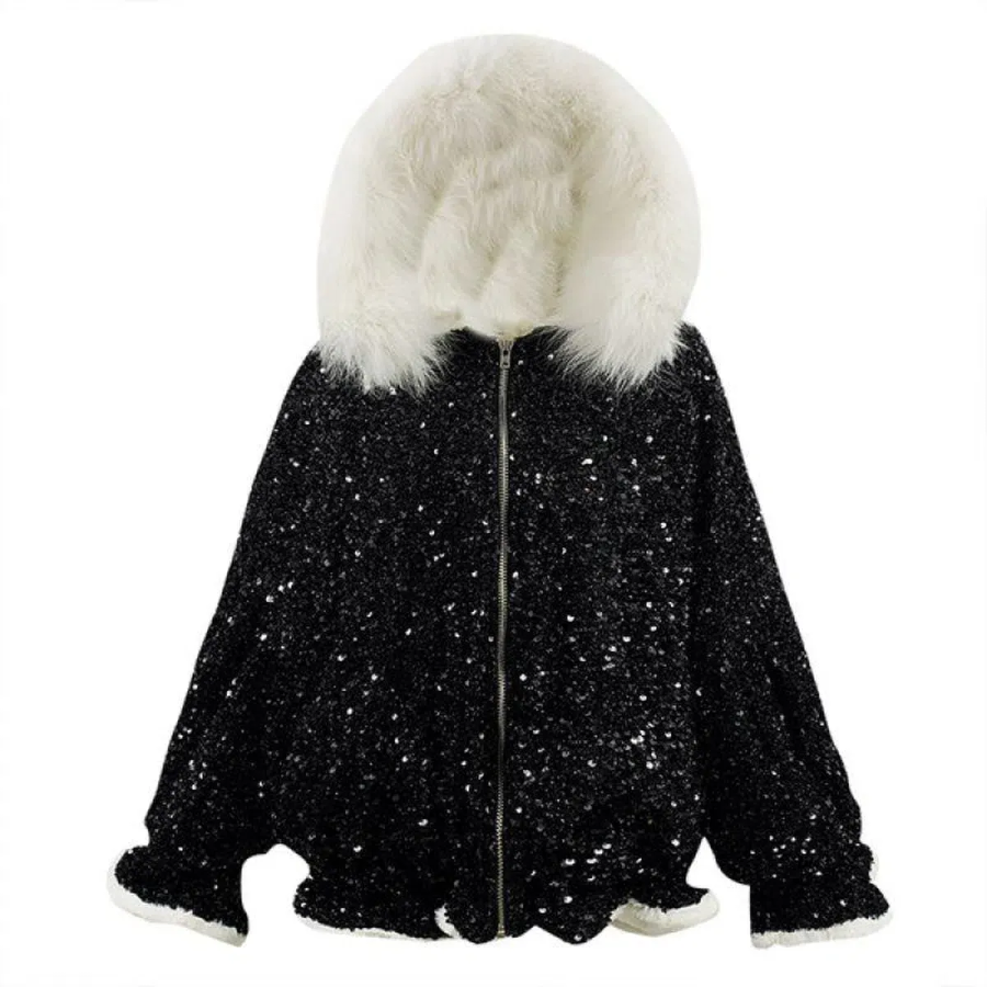 Velvet Pearl Sequin Fur Hoodie Jacket