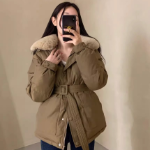 Faux Mink Fur Lace-Up Belted Puffer Jacket