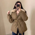 Faux Mink Fur Lace-Up Belted Puffer Jacket