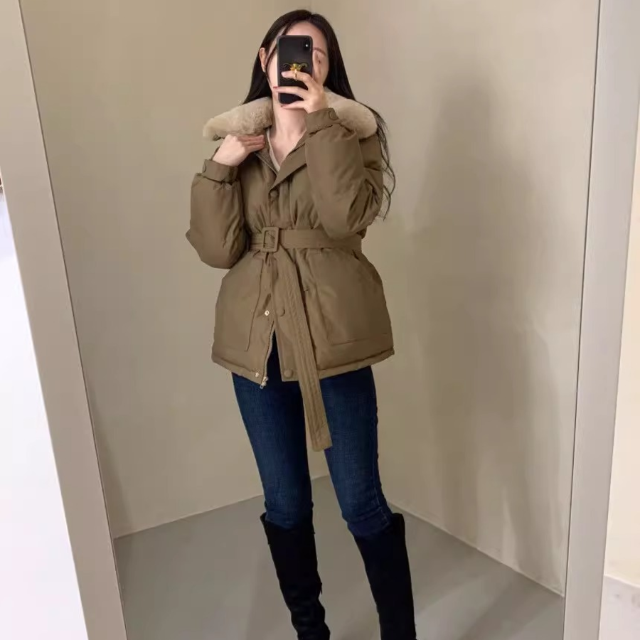 Faux Mink Fur Lace-Up Belted Puffer Jacket