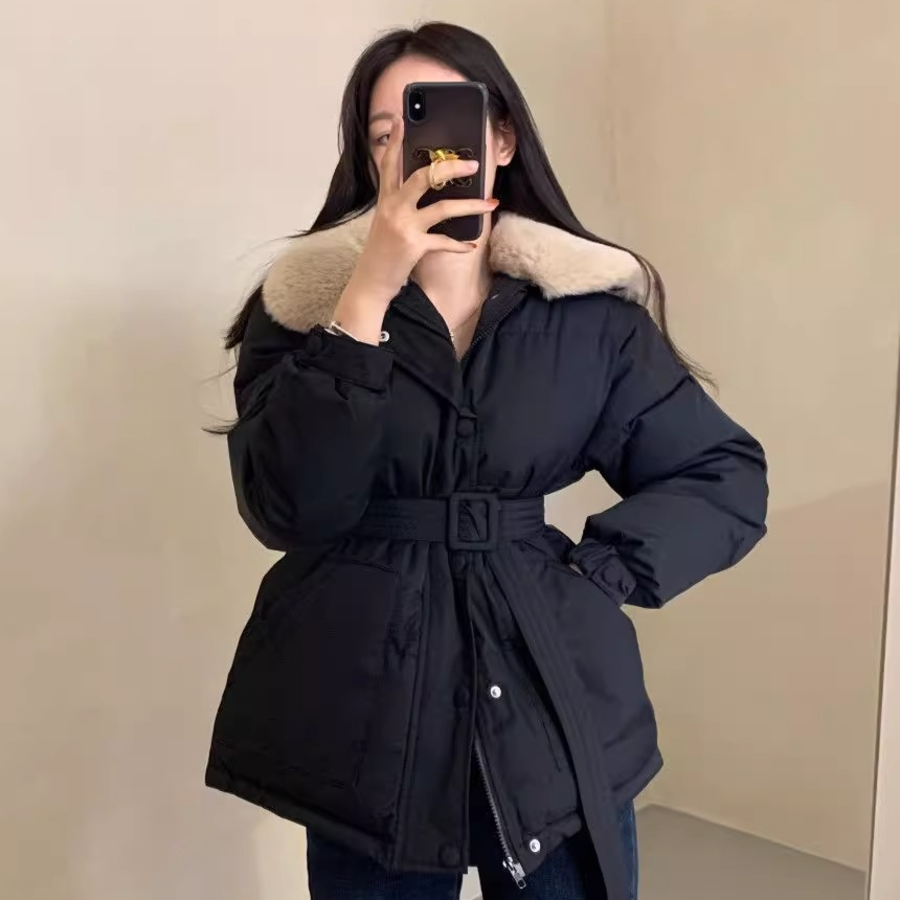 Faux Mink Fur Lace-Up Belted Puffer Jacket