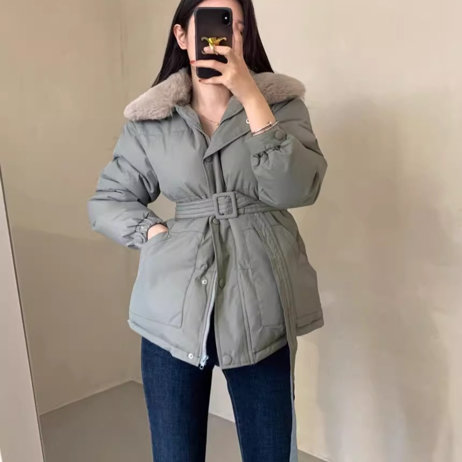 Faux Mink Fur Lace-Up Belted Puffer Jacket