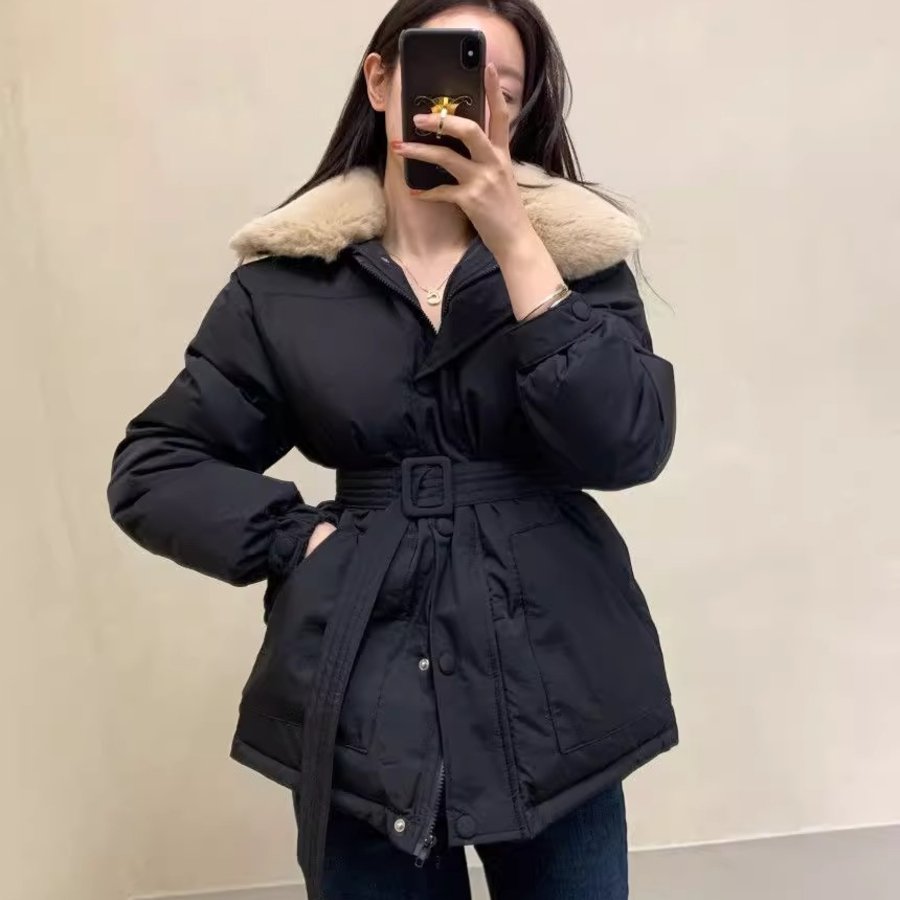 Faux Mink Fur Lace-Up Belted Puffer Jacket