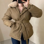 Faux Mink Fur Lace-Up Belted Puffer Jacket