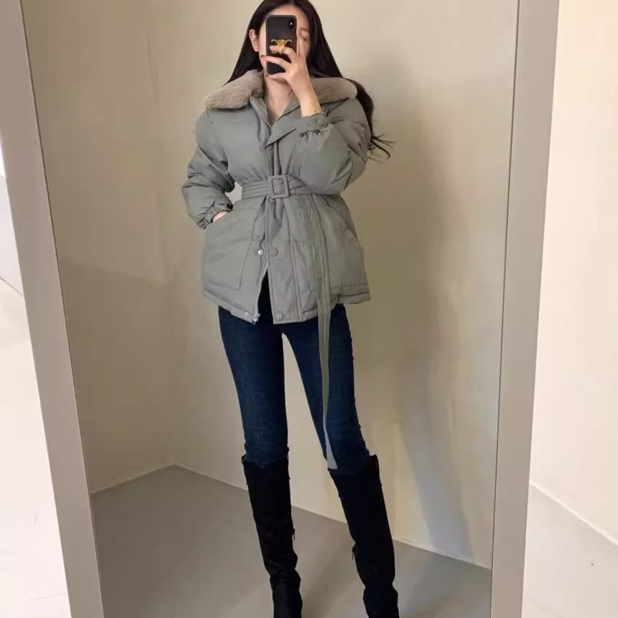 Faux Mink Fur Lace-Up Belted Puffer Jacket