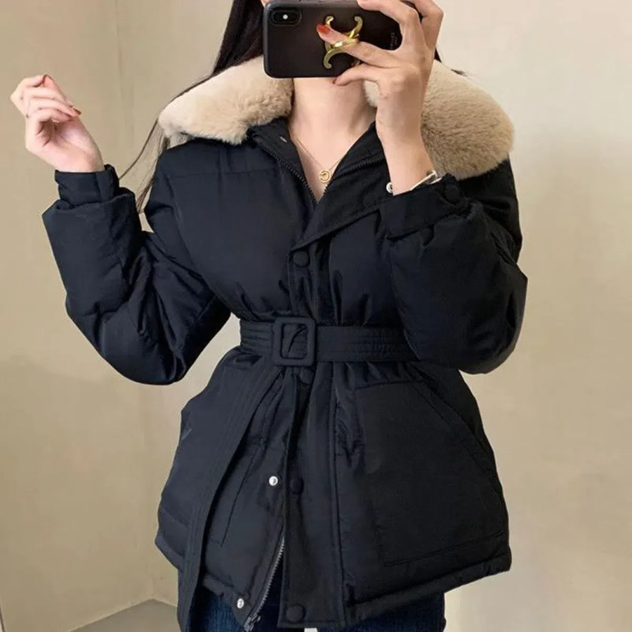 Faux Mink Fur Lace-Up Belted Puffer Jacket