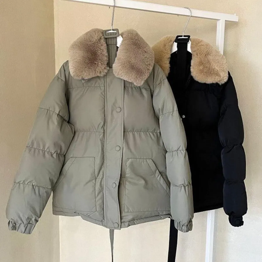 Faux Mink Fur Lace-Up Belted Puffer Jacket