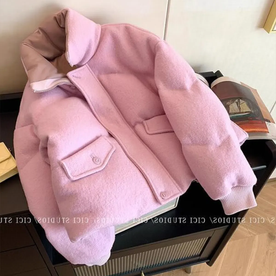 Pink Purple Stand Collar Quilted Cotton Down Jacket