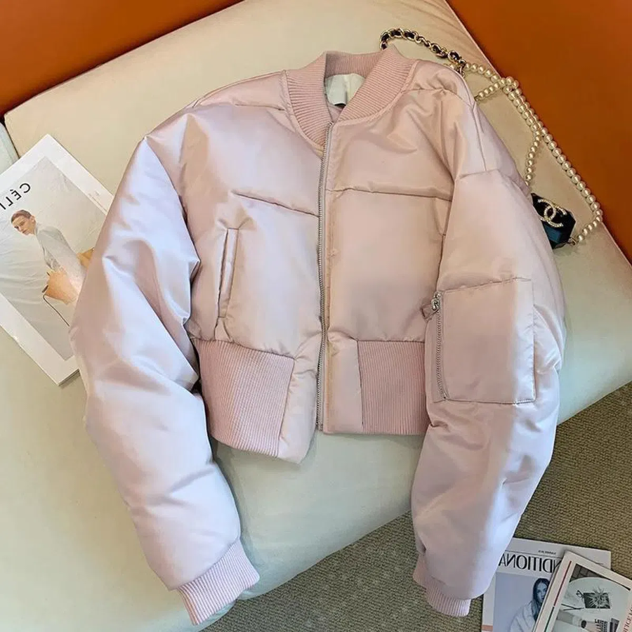 European Pink Stand Collar Cotton Casual Quilted Down Jacket