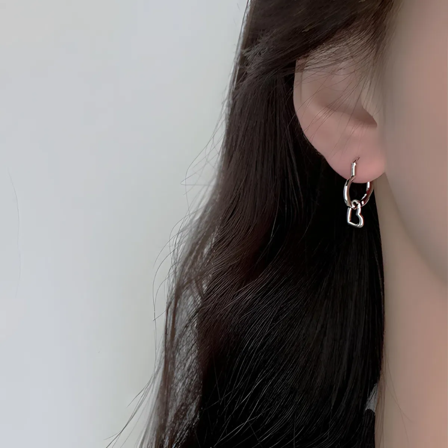 Асимметричные серьги с двойным сердцем и кольцом 2-в-1