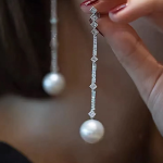 Длинные серьги-капли с жемчугом и кубическим цирконием